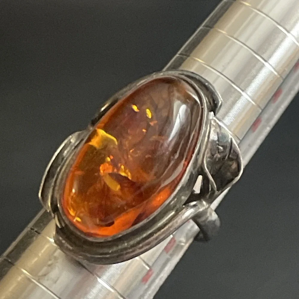 Sterling Silver Amber Ring‎ Statement Chunky 925 Calla Lily Artisan Size 6